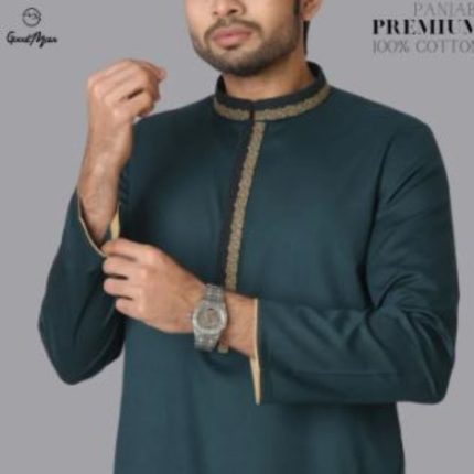 GoodMan Premium Quality Green Color Semi Long Panjabi for Men.