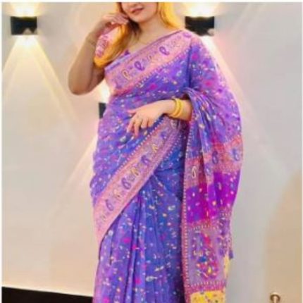 premium white half silk cotton sharee with multi colour block print for women