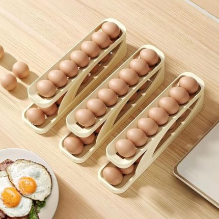 Double Layer Egg Dispenser Automatic Roll Down Refrigerator Egg Basket